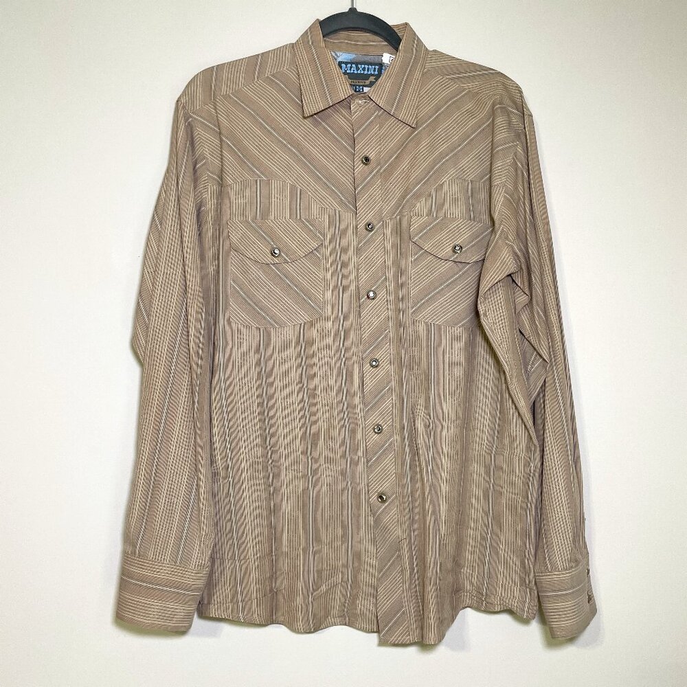 Men's Medium Maxini Tan & Brown Long Sleeve Button Down Shirt